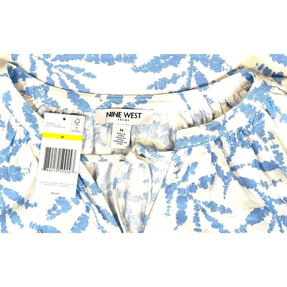 Linen Coastal Palm Print Top Peasant Blouse Blue White M NWT Nine West - Picture 5 of 7